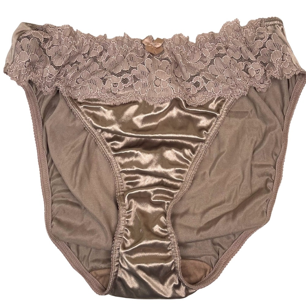 Vintage Victoria's Secret Panties Women M Taupe Lace Trim Satin High Cut Brief